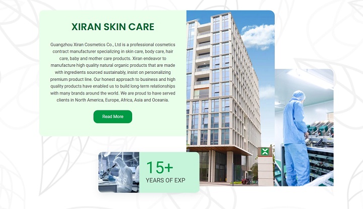 Xiran Skin Care company description with images of a building and lab workers